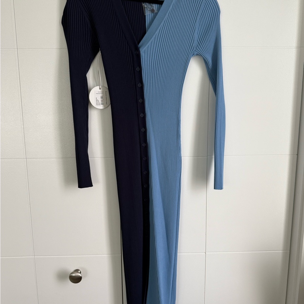 STAUD Shoko Sweater Dress Two-Tone Navy and Light Blue Long Sleeve Dress